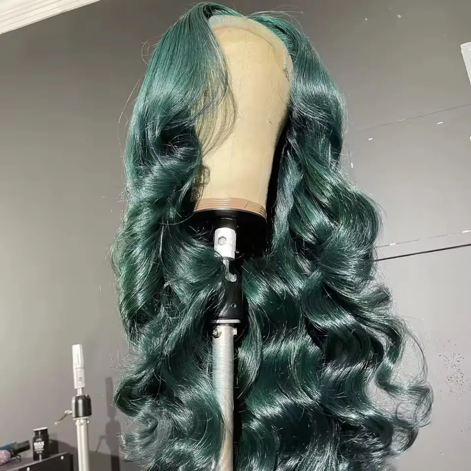 Synthetic Hair Transparent 13X4 Dark Green Long Body Wave Lace Front Wig For Women Glueless Pre Plucked Cosplay Daily Wear Fiber