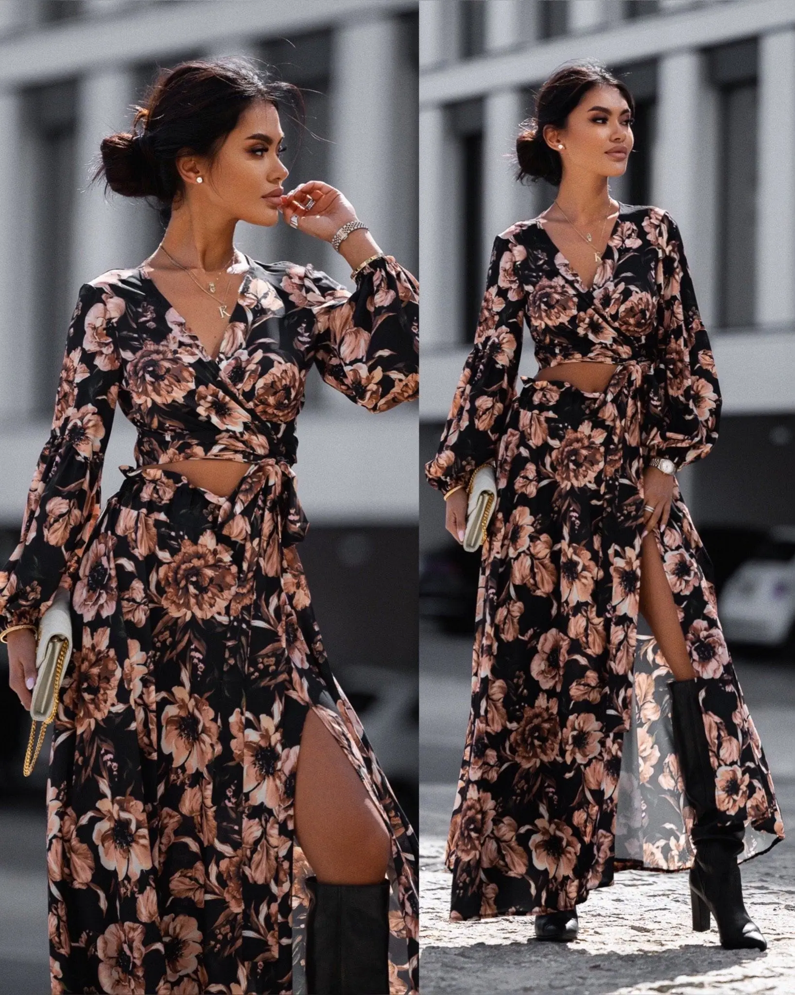 

Faionable Floral Leopard Print Long Sve Split Skirt Set Spring 2023 Women's Clothing Cross-Border Sle Floral Print