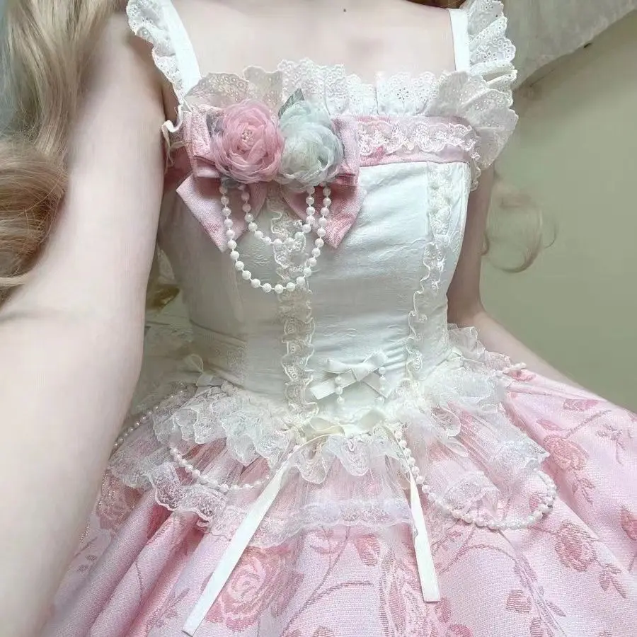 Japanese Sweet Lolita Kawaii Elegant Dress Women Y2k Bow Jsk Princess Mini Dress Female Lace Birthday Party Chic Outfits New