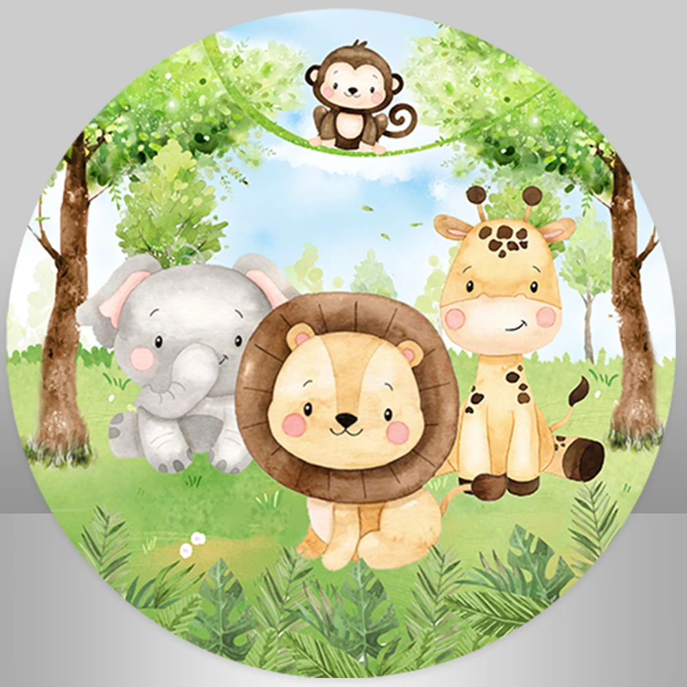 Round Backdrop Cover Forest Jungle Safari Baby Wild One Birthday Photo Background Baby Shower Arched Wall Backdrops Elastic