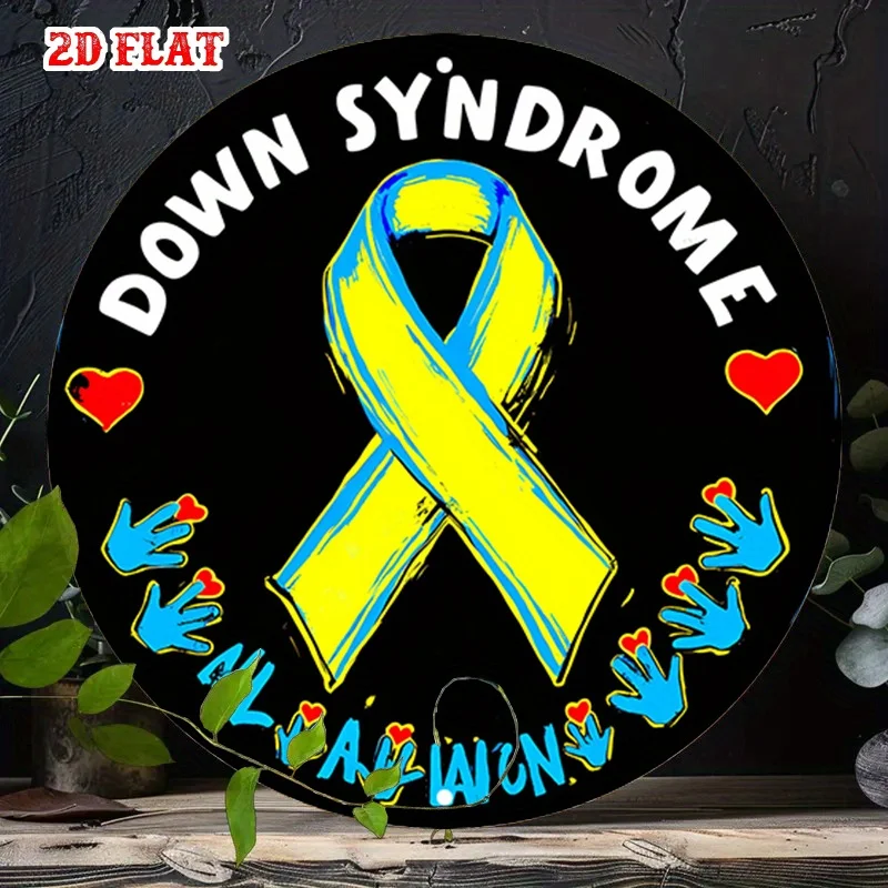 2D Flat, 1pc Vintage Metal Sign Featuring Down Syndrome Awareness Ribbon Round Poster Retro Diner Art Round Wall Poster for Home