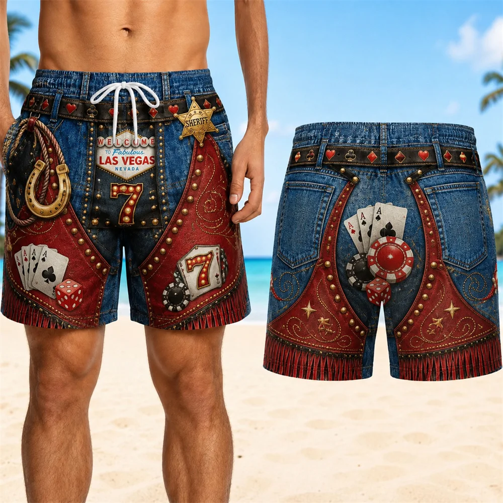 Retro 3D Print Cowboy Style Funny Beach Shorts For Men Quick Dry Breathable Drawstring Board Short Summer Novel Unique Shorts