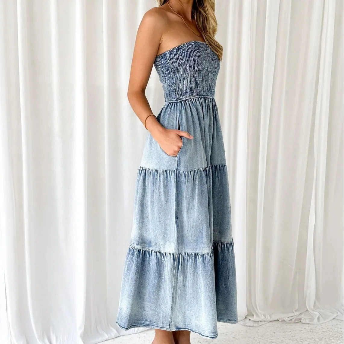 Holiday Strapless Long Dress for Summer Vestidos 2024 New Fashion Women Elegant Hem Stitching Side Split Denim Long Dress