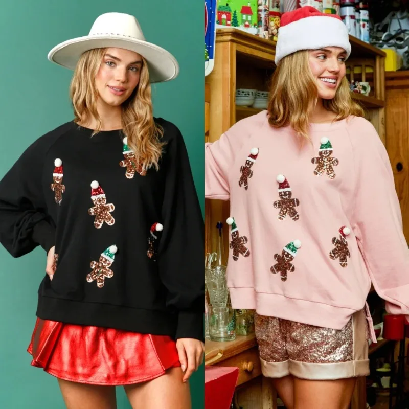 2024 New Korean Review Many Clothes Fresh and Sweet Women Commuting Sequins Thickened Versatile Top Long Sleeve Christmas Hoodie