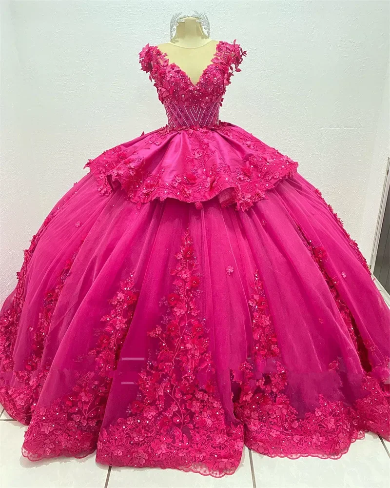 

ANGELSBRIDEP Fuchsia Princess Quinceanera Dresses See Through Neck 3D Floral Appliqued Mexican Girl Vestido De 15 Anos Hot Sales