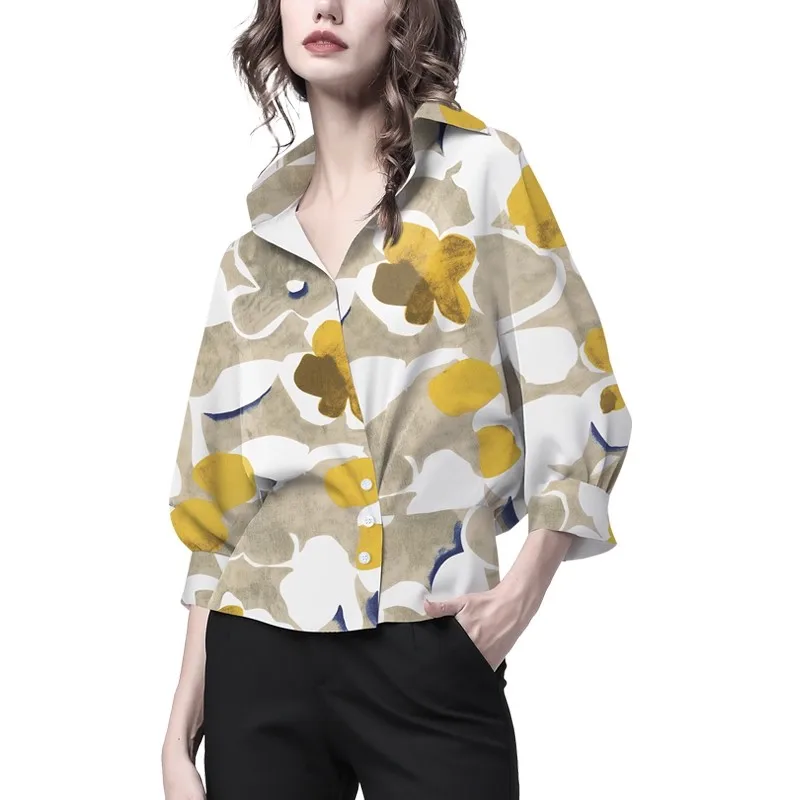 2025 été imprimé col rabattu petit haut femmes mode Style occidental chemise sept manches travail blouses décontractées
