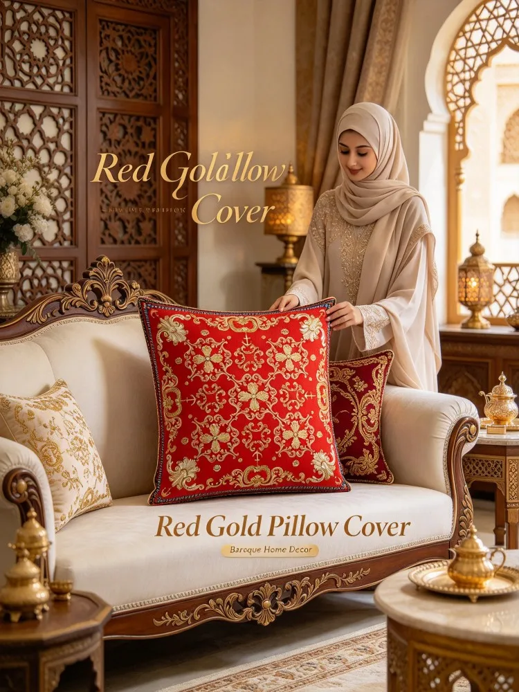 VIKAMA New Red Gold Baroque Pillow Cover Luxury Floral Pattern Soft Cushion Case for Muslim Style Sofa Balcony Sunroom Bedroom L