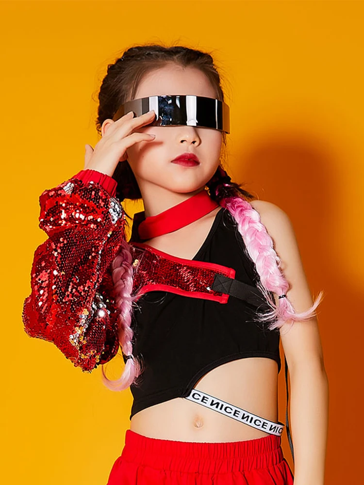 Tops Overalls Pants Red Stage Performance Outfit For Kids Wear 2023 Jazz Costume Girls Hip Hop Dance Clothes Cool Sequin