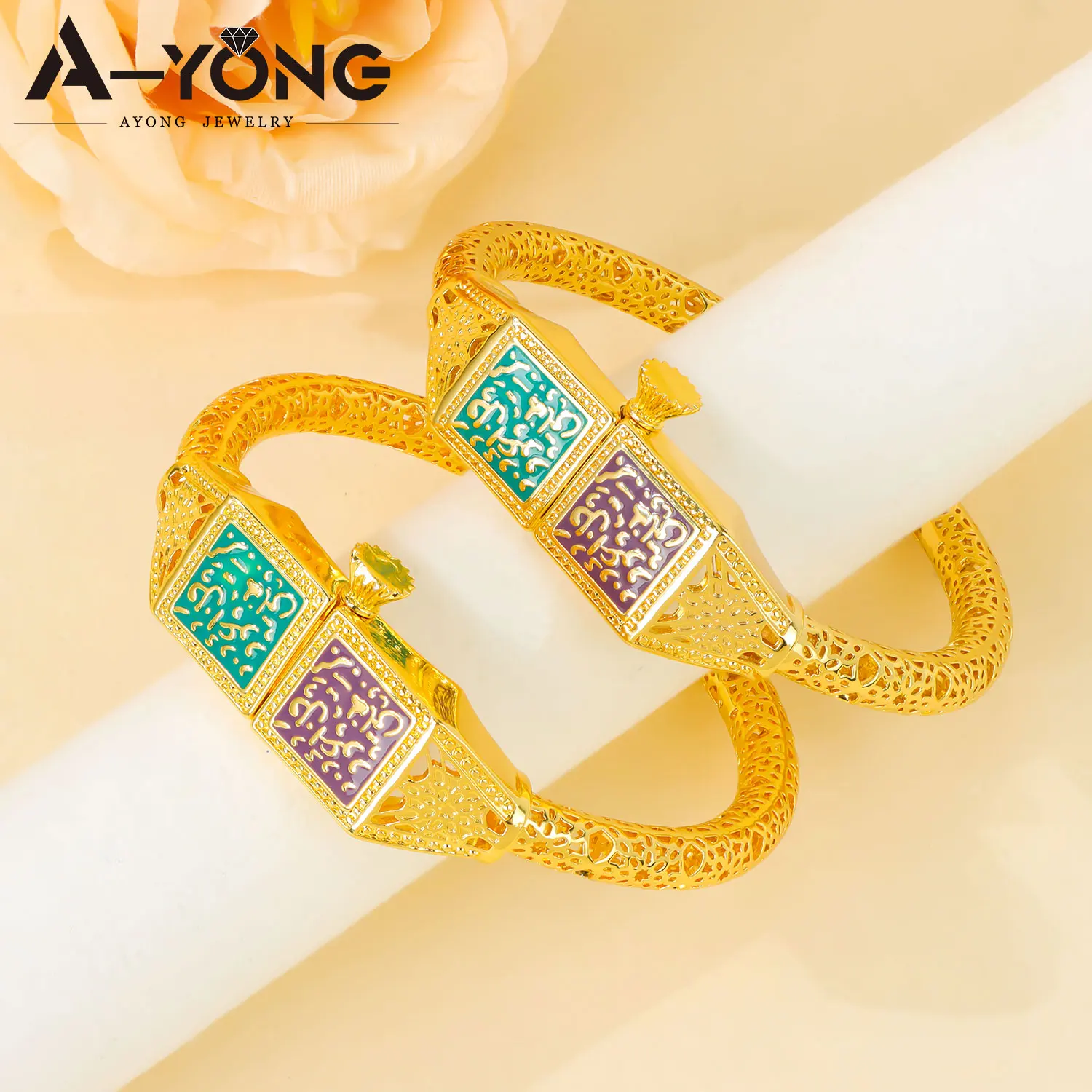 Arabic Muslim Bridal Open Bangles 21k Gold Plated Algeria Vintage Wedding Bracelet Dubai Women Classic Marry Party Jewelry