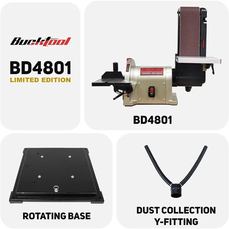 BUCKTOOL Bench Belt Sander with Rotating Base and Dust Collection Fitting, Belt Sander for Woodworking 4in. x 36in. Belt & 8in.