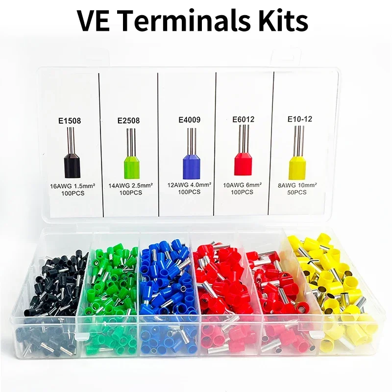 

200/450/800/1250/1800/1900Pcs Durable Crimp Terminals for Electrical Wire and Cable with Ring Connectors E0508 E7508 E1008 E1508