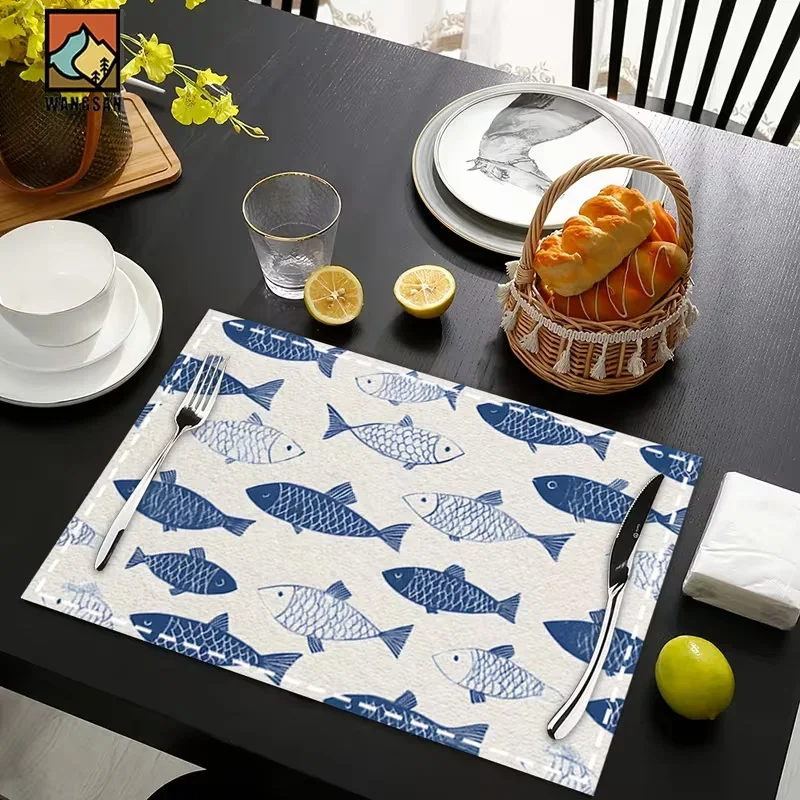 Watercolor Striped Tropical Fish Print Linen Placemat Coastal Nautical Summer Style Kitchen Beach Party Dining Table Decor Pad