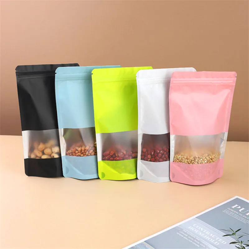 100pcs Stand Up Aluminum Foil Window Zip Lock Bag Resealable Party Wedding Xmas Festival Snack Popcorn Gifts Packaging Pouches