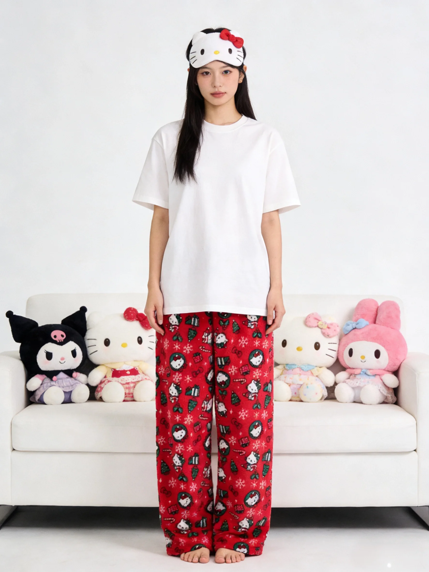 

Коллекция Hello Kitty к Рождеству: фланелевые штаны для сна, красные теплые домашние штаны для пар, наряды для вечеринок! Идеальные подарки на праздник!