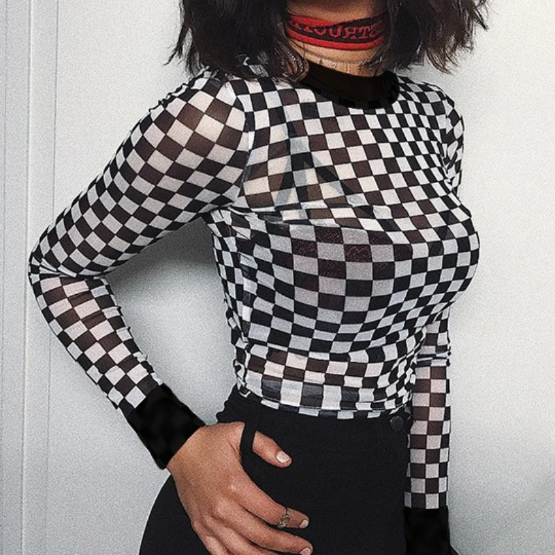 

Sexy Checkerboard Print Perspective Mesh Bare Midriff T Shirt Women Long Sleeves Bottoming Shirt Ladies T Shirt Tops Mujer