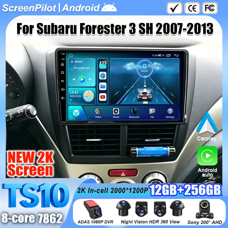 Android 16 For Subaru Forester 3 SH 2007-2013 Car Radio Stereo Head Unit Multimedia Video Player GPS Navigation 2K QLED 8 Core 5