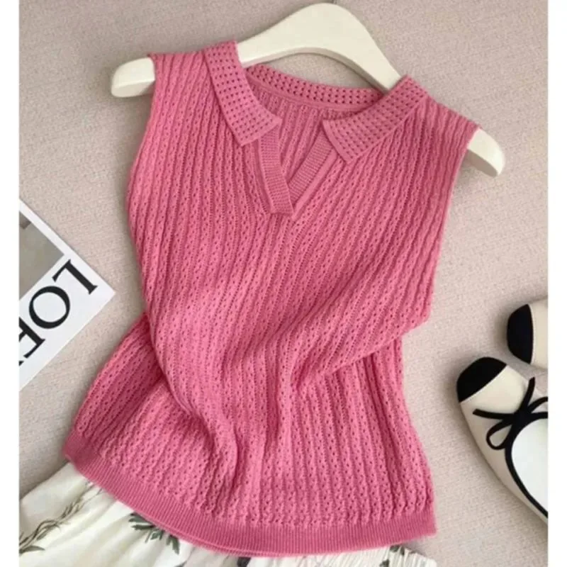Women Clothing Summer Casual Korean Fashion Solid Color V-neck Female Sleeveless Ice Shreds All-match Fashionable Slim Cardigan