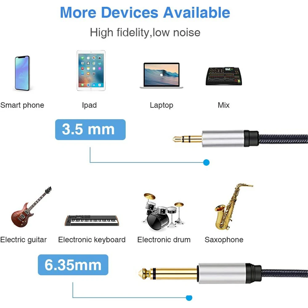 1/4 Cal TS do 1/8 Cal TRS kabel 6.5mm męski do 3.5mm Stereo interkonekt kabel Adapter Mono-Stereo Patch Cord