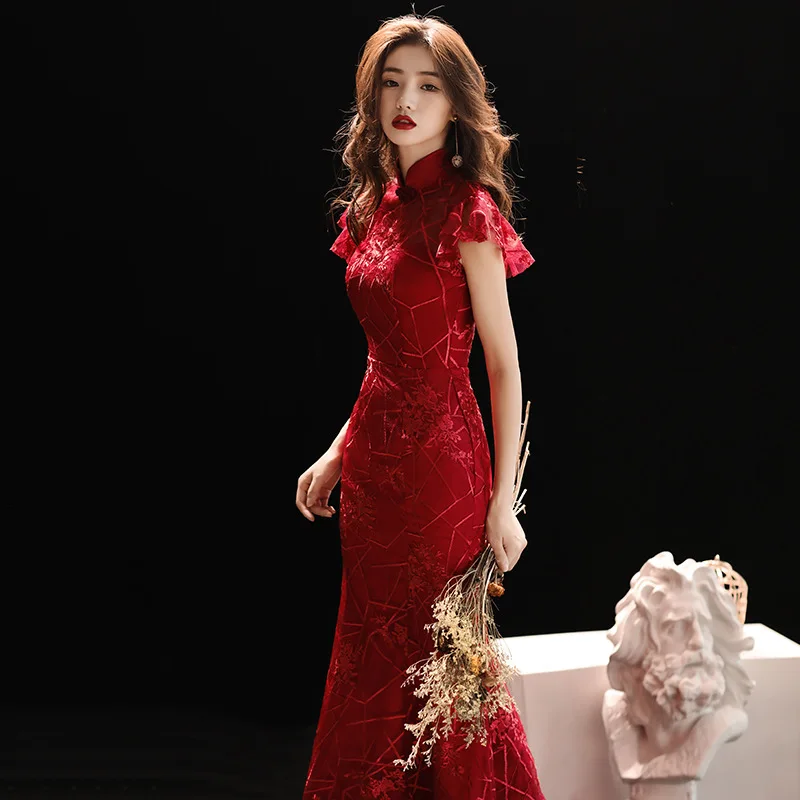 Mandarin Collar Women Qipao Burgundy Red Bridal Wedding Mermaid Dress Slim Elegant Cheongsam Vintage Button Maxi Dress