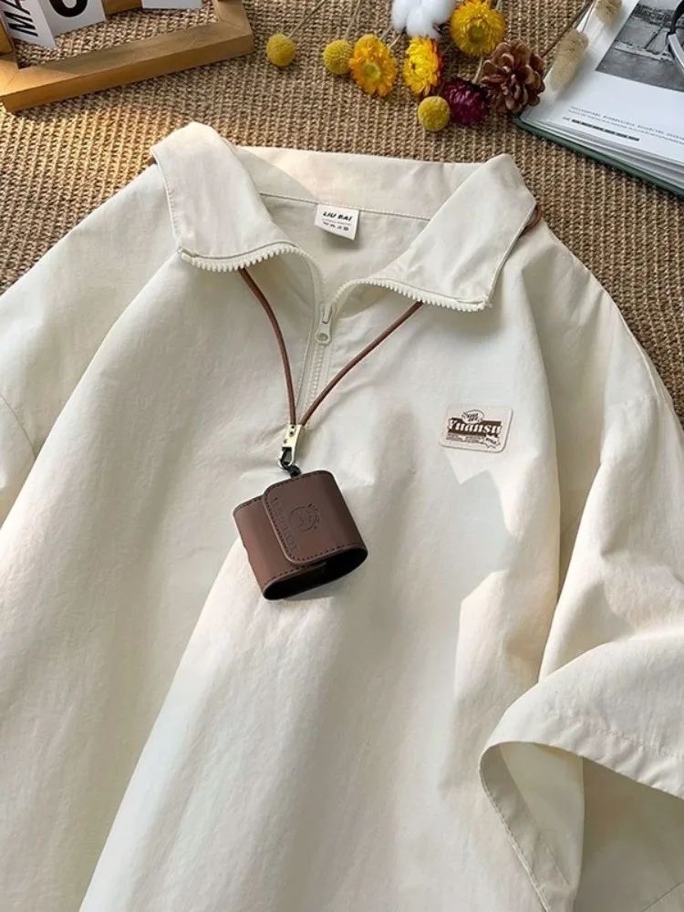 

Loose Fit f Zip irt Men's Summer Turn-down Collar ort Sve American Retro Teenage Summer Faion Top