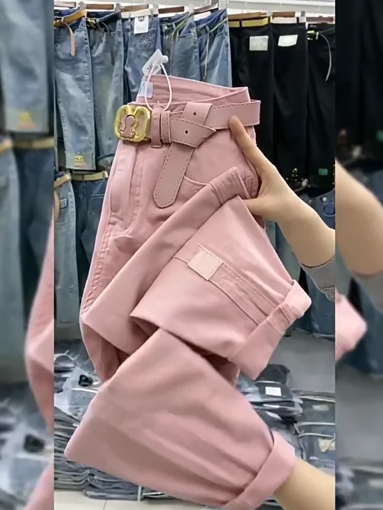 Pink Harajuku Dad Jeans High Waist Straight Leg Nine Points Denim Pants Spring Summer New Style Versatile Youthful Looking