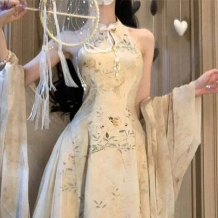 New Chinese Style Stand Collar Slim Waist Vest Dress+ Long Sleeve Loose Sun Protection Cardigan 2024 Summer Two Piece Sets
