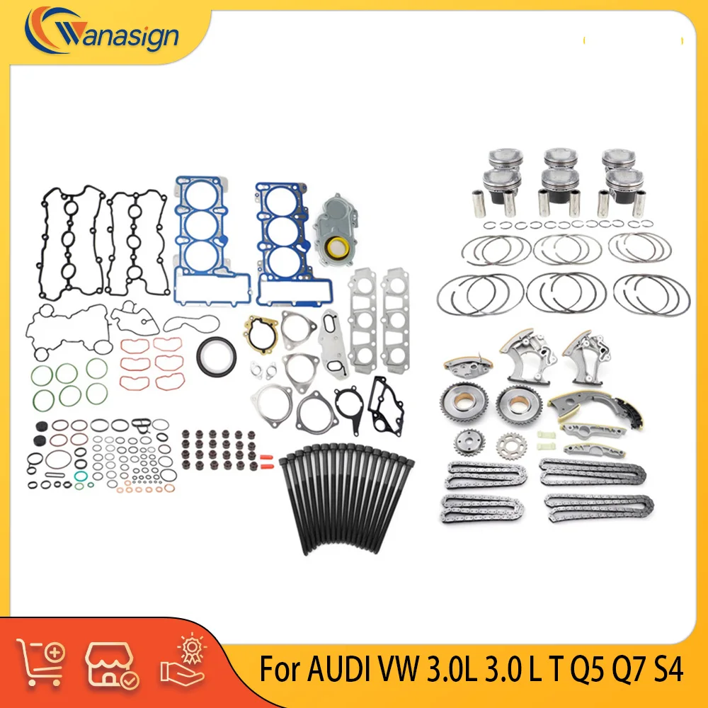 

Прокладки двигателя Комплект для ремонта и капитального ремонта Цепь ГРМ Комплект поршня для AUDI VW 3.0L 3.0 L T Q5 Q7 S4 A4 A6 CPAA CVBA 2011-2017