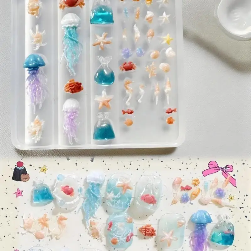 Transparent Silicone Manicure Mold; DIY 3D Ocean Series Jellyfish, Starfish, Shells Nail Art Decoration Mold for Crafts.