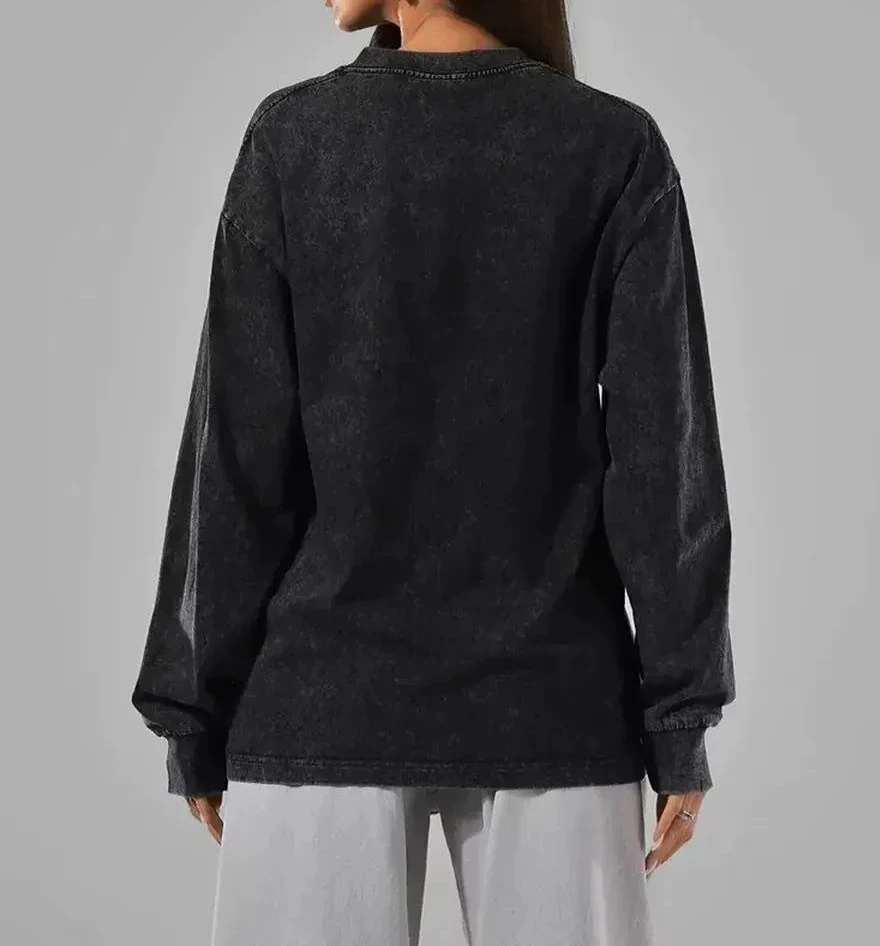 Sweet 100% Cotton Retro Washed Long-sleeved Heavyweight T-shirt