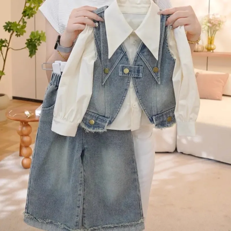 

Girls Set Spring Autumn Western Retro Shirt Denim Vest Wide Leg Pants Three Piece Set Casual Fashion Daily Western Style