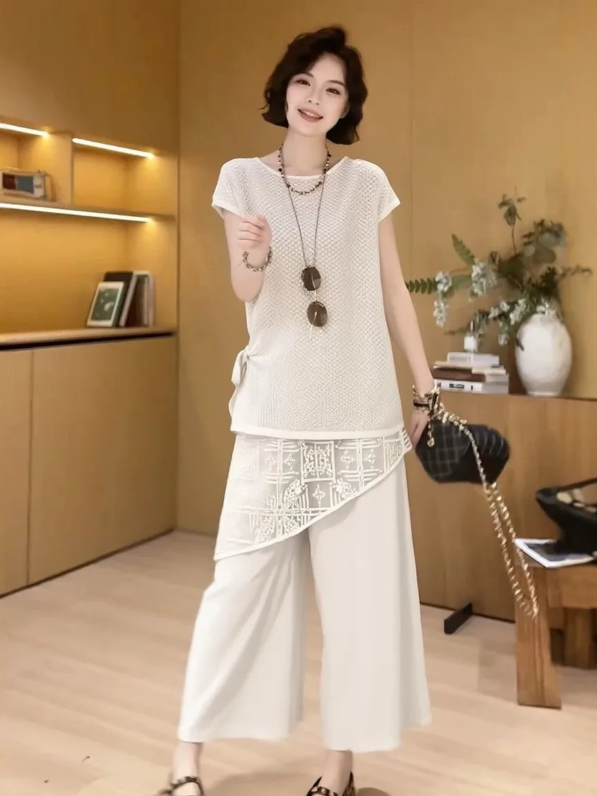 2026 New Loose Lace Splicing Hip Covering Wide Leg Pants Tea Break Style Two Piece Set Fashionable Casual Loose Fit Summer Ou...