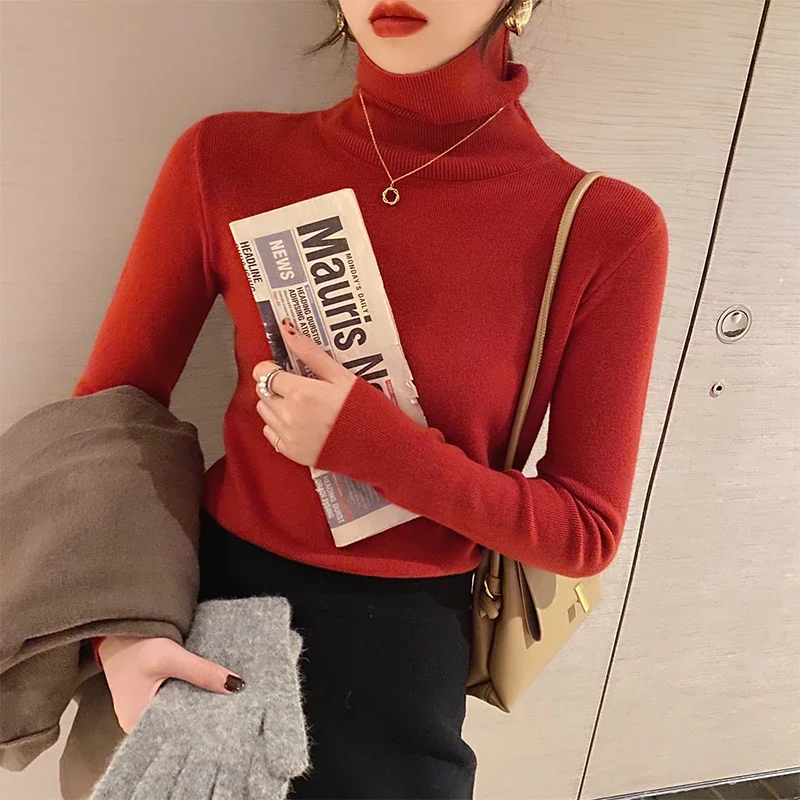 Atasan rajut wanita Retro Prancis, atasan Sweater Turtleneck ramping kasual lengan panjang warna Solid 31106 musim gugur