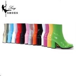 New 7cm High-heeled Cross Dressing Shoes Gogo Boots 60s 70s Square Heel Ankle Boots Sexy Round Toe Leather Zip Women Short Boots