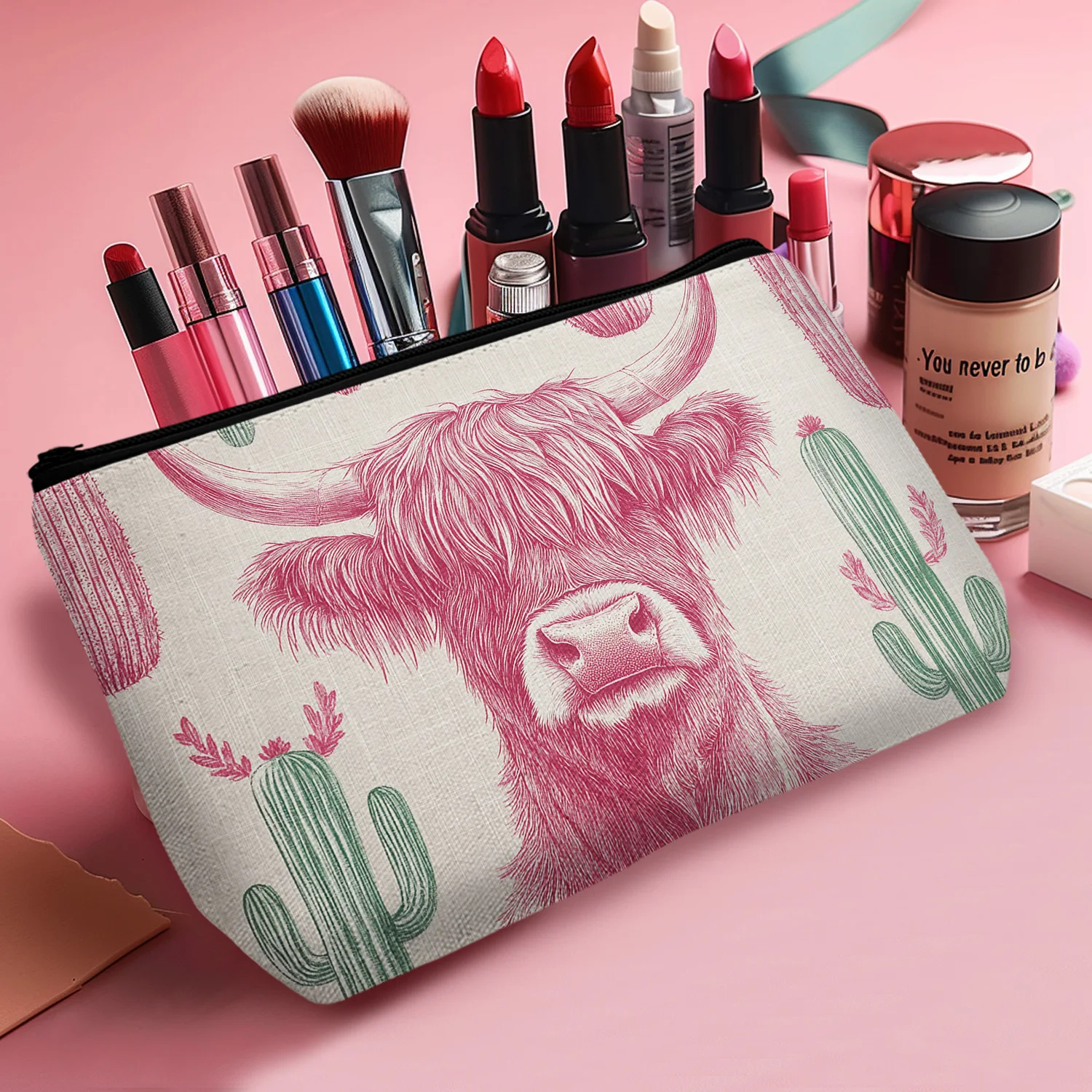 1 Pc Western Pink Makeup Bag Western Gifts For Women Cow Makeup Bag Cowgirl Stuff Western Stuff For Women 8.66x5.51Inch