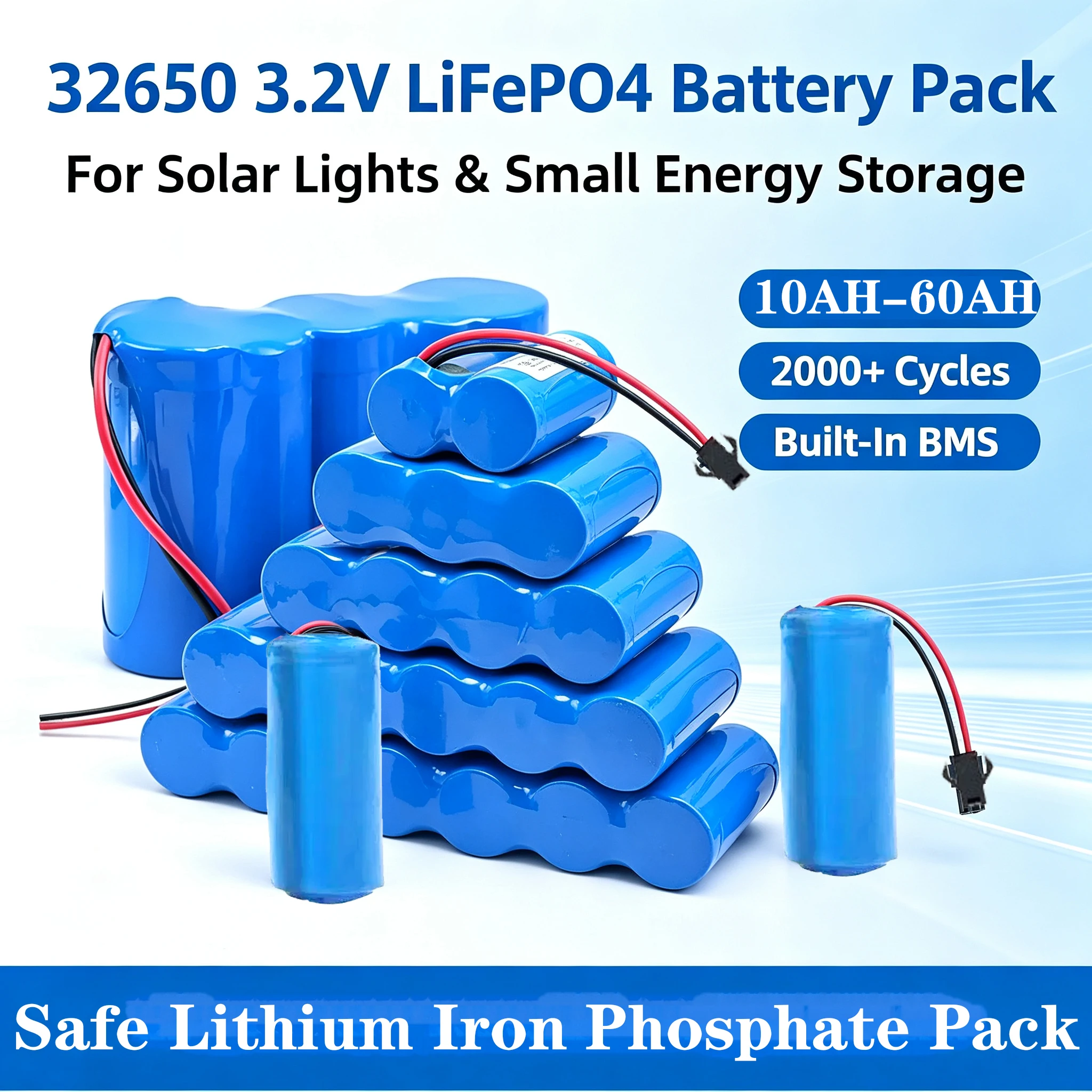 32650 3.2V LiFePO4 Lithium Iron Phosphate Battery 60AH Large Capacity for Solar Street Lamp Floodlight Outdoor Lighting Monitor