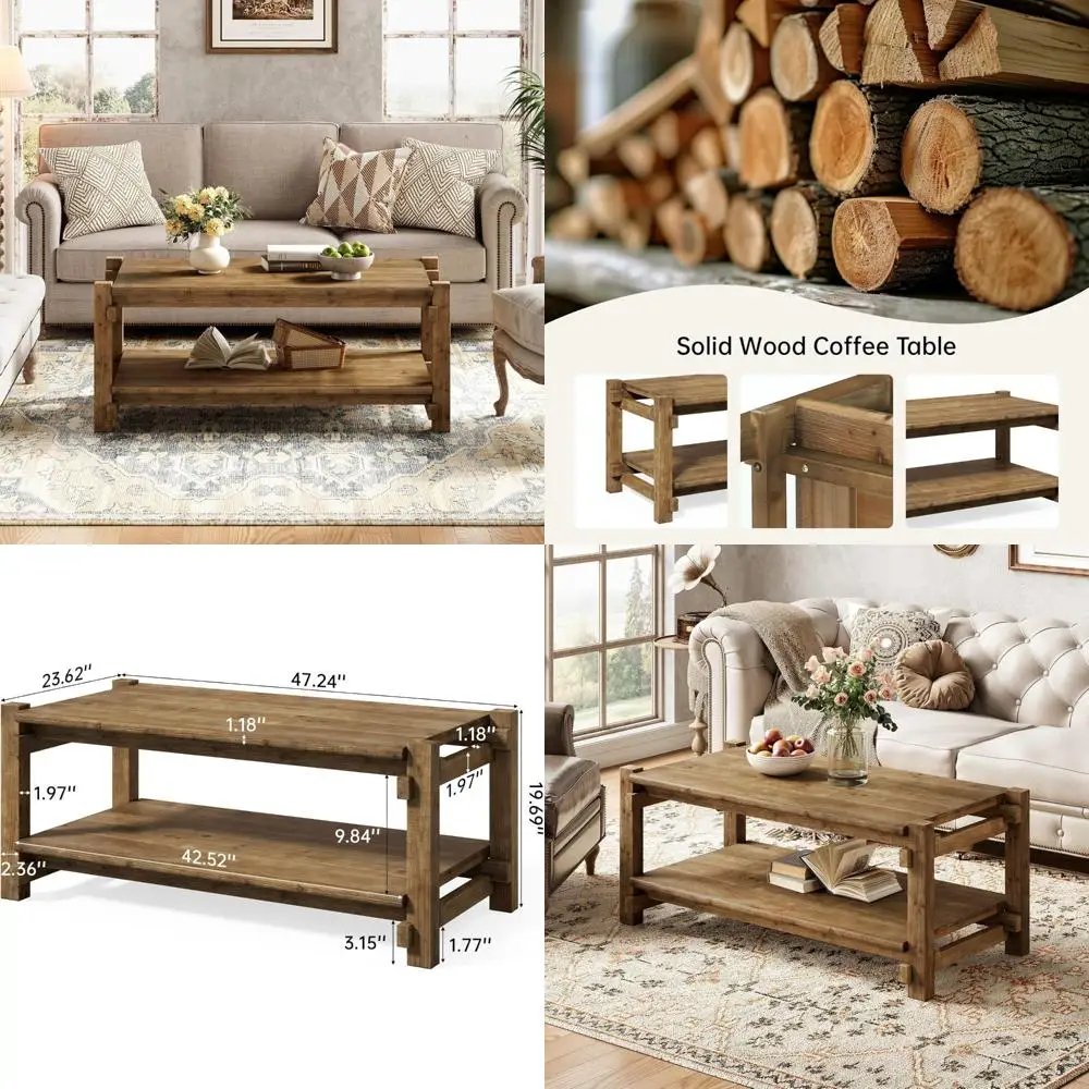

Журнальный столик из цельного дерева, 47-дюймовый прямоугольный центральный чайный столик в фермерском доме с полкой для хранения для гостиной, простая сборка