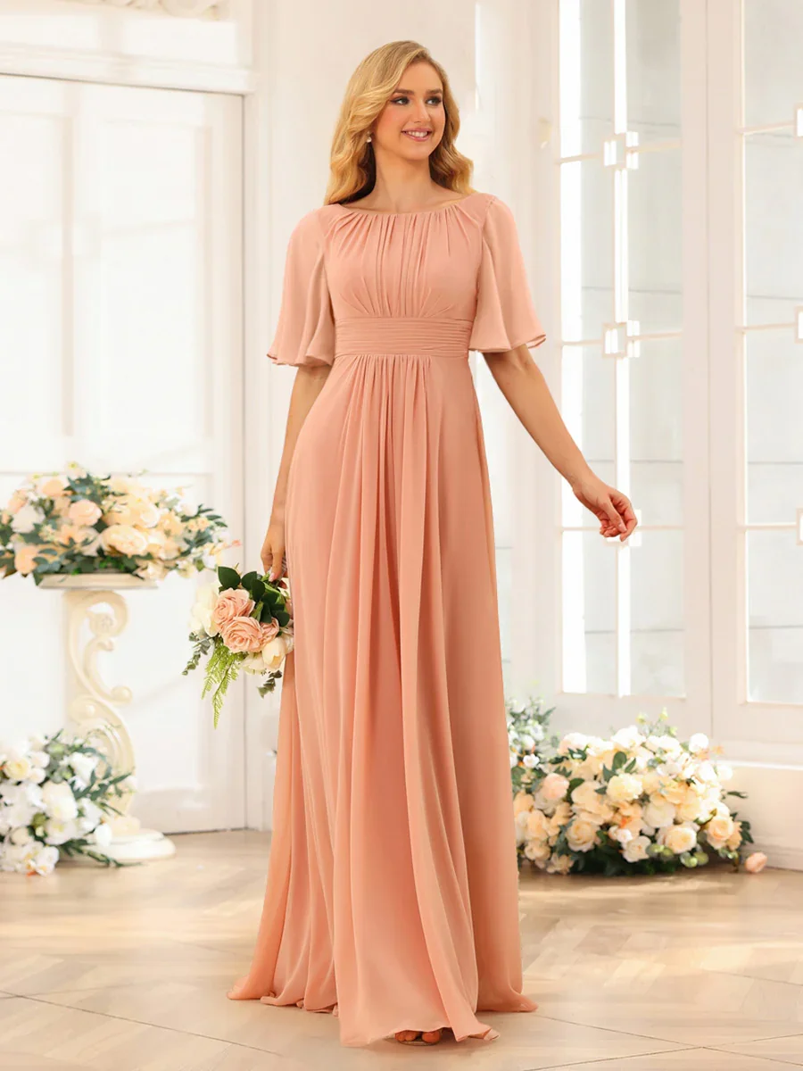 

Multi-Color Chiffon Bridesmaid Dress, Round Neck Flutter Sleeve Long Formal Wedding Party Gown Evening Dress Wedding Guest Gown