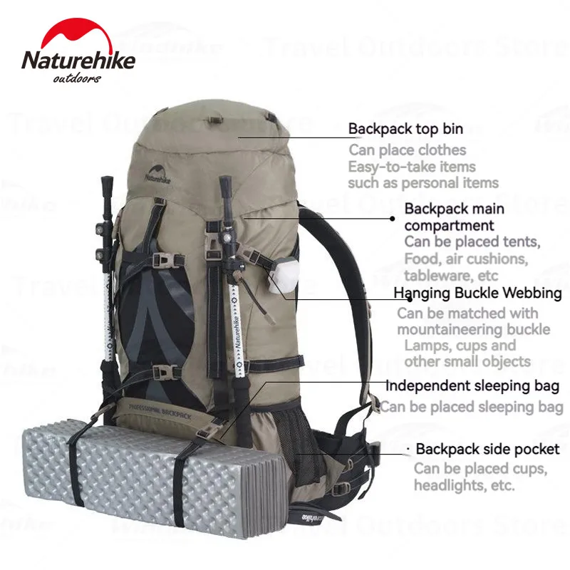 Naturehike Backpack 70 Liter Camping Hiking Trekking Bag Outdoor Backpacking Travel Rucksack Waterproof Cover Big Capacity 70+5L