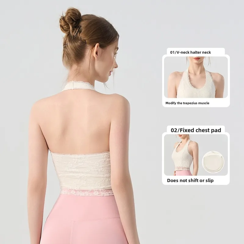 Women's Lace Trim V Neck Halter Yoga Sports Bra Built in Padding Push Up Crop Tank Top Sexy Gym Workout Shirts Female clothing
