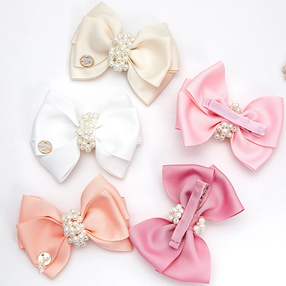 5pcs Baby Girls Ribbon Bow Hair Clip with Pearls Princess Tiara Hairpin Children Side Bobby Pins Grosgrain Hairbow for Girls