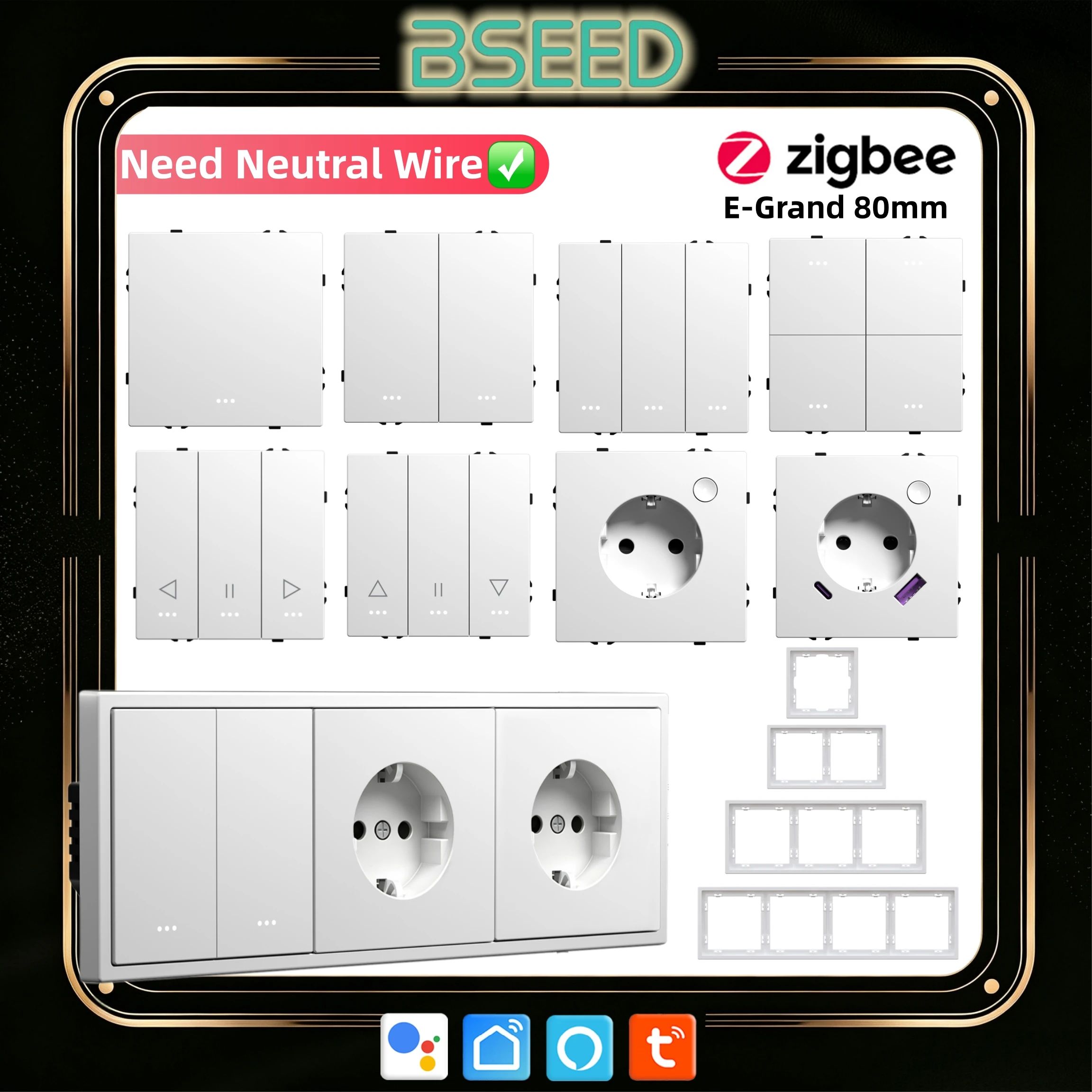 BSEED E Grand Series Zigbee Button Switch Module Curtain Shutter Plastic Frame Smart Socket DIY Part Tuya Smart Life Control