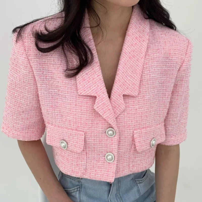 شيك شارع العليا قصيرة الأكمام سترة المحاصيل للنساء الصيف بلون بدلة أنيقة أبلى جيوب سيدة رداء قصير