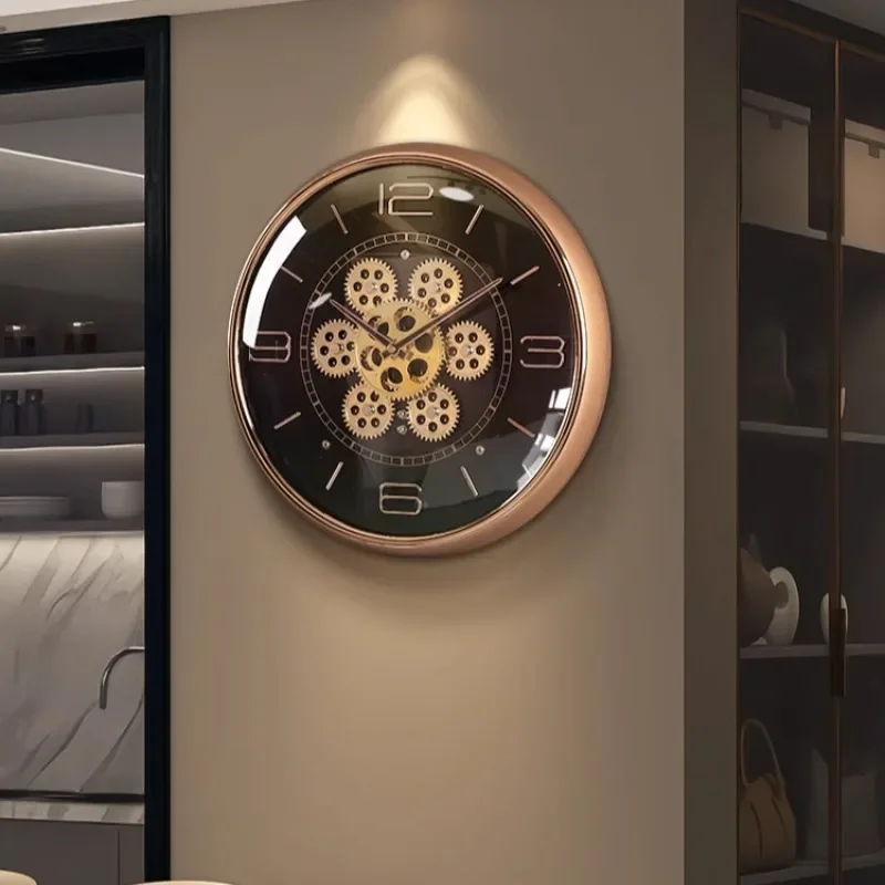 Luxury Round Silent Wall Clocks Creative Gear Rotate Big-numbers Living Room Clock Metal Pointer Vintage Simple Decor JJ659