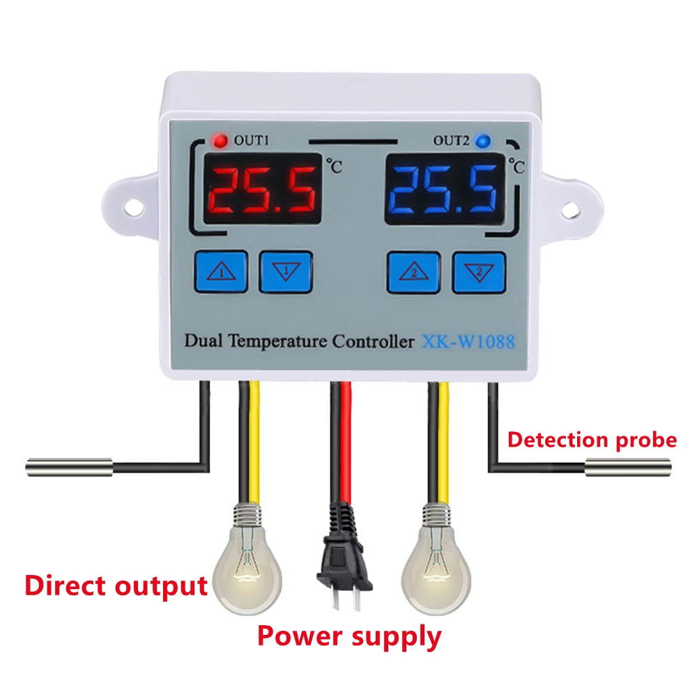 XK-W1088 Dual Digital Control Temperature Microcomputer Thermostat Switch Thermometer Thermoregulator 12/24/220V for Incubator