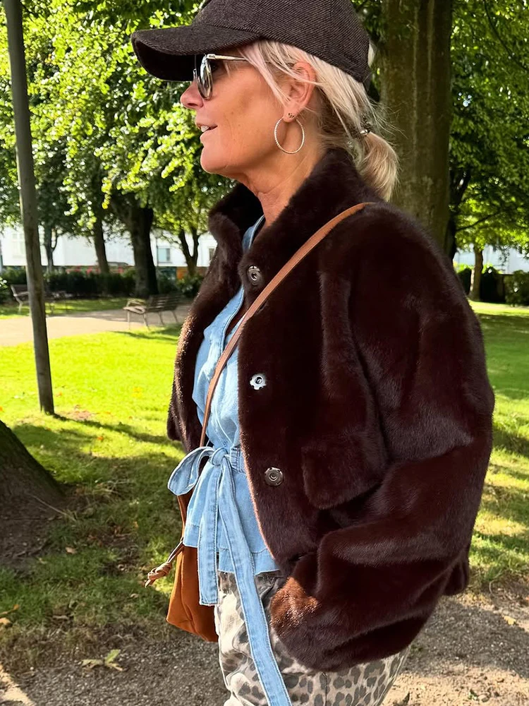 Abrigo de piel con cuello levantado y una hilera de botones para mujer, Chaqueta corta holgada de terciopelo de manga larga con cremallera, tops para mujer