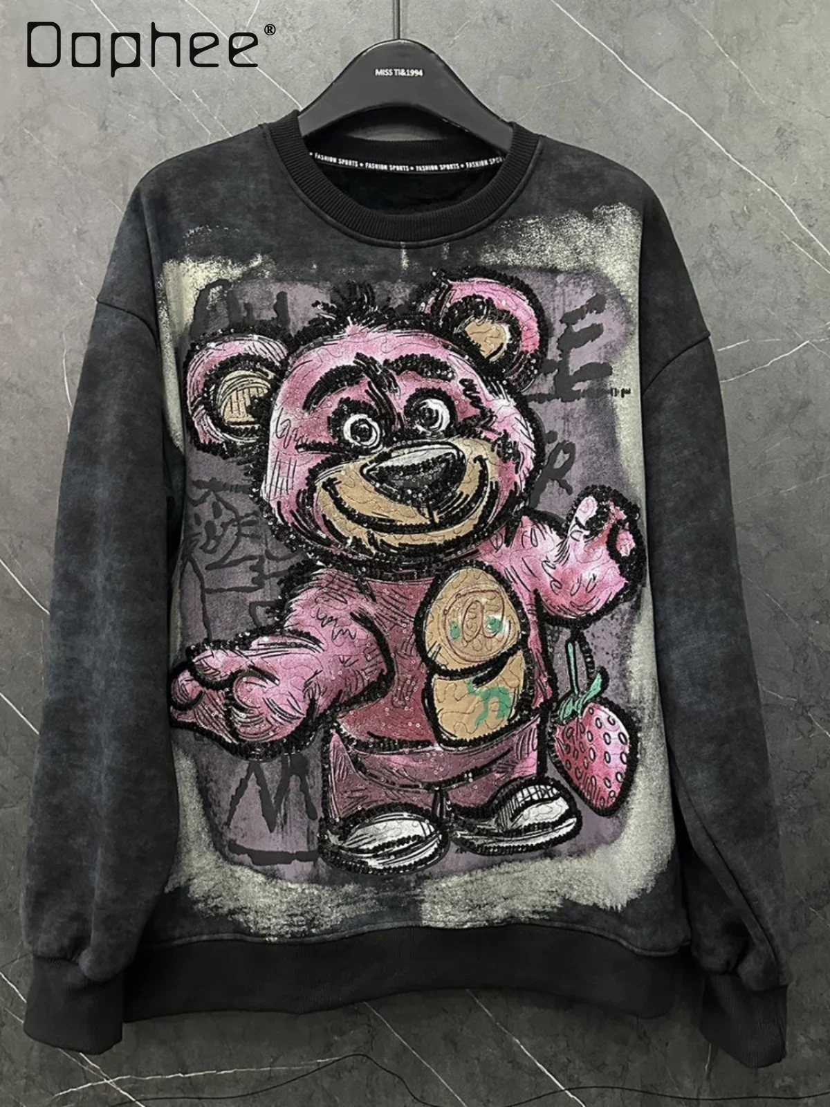 Cartoon Bear Heavy Industry Sequin Printing Fleece Crew Neck Pullover Sweatshirts Women 2024 Autumn and Winter New Loose Top