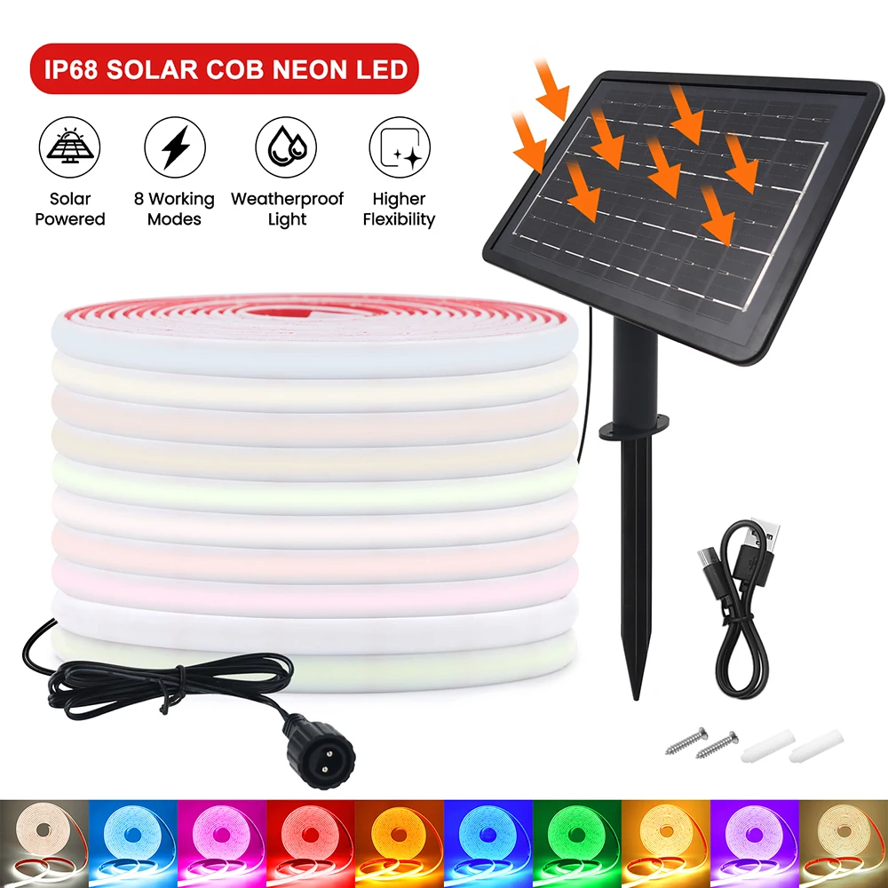 Solar COB LED Strip Light IP68 Waterproof 24V 320 LEDs Flexible Tape Lamp Warm Natural White 0.5m 1m 2m 5m 10m Garden Decoration