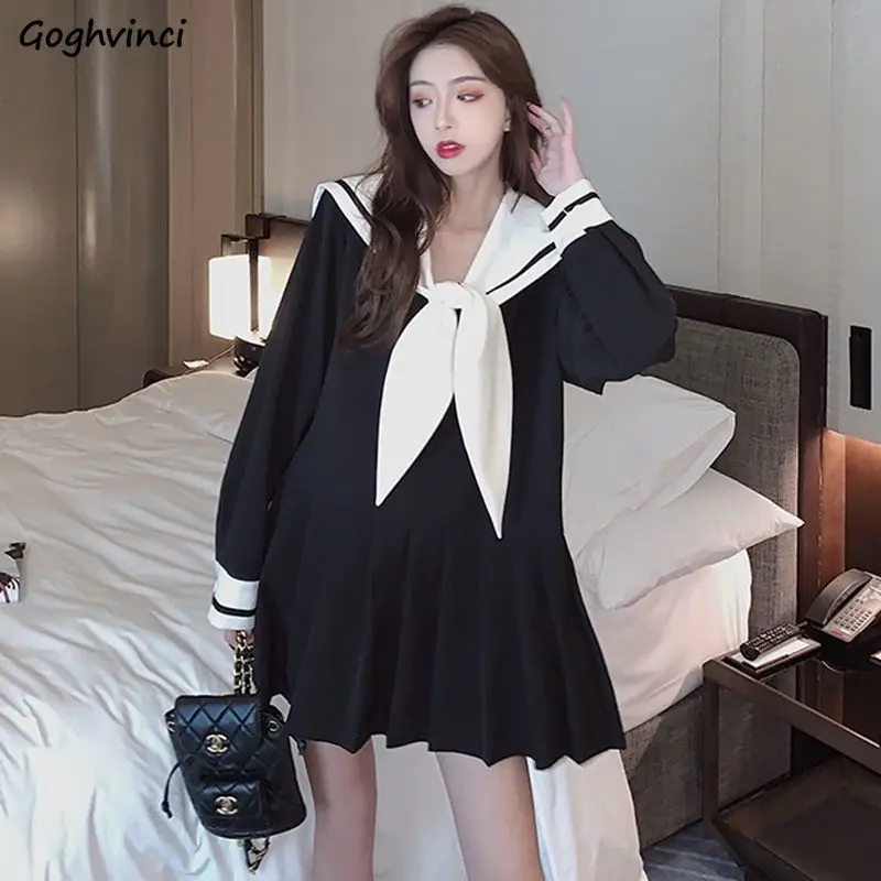 Long Sleeve Dresses Women Sailor Collar Pleated JK 3XL Sweet Japanese Style Slim Mini Daily Casual Ins Fashion Street New Lovely