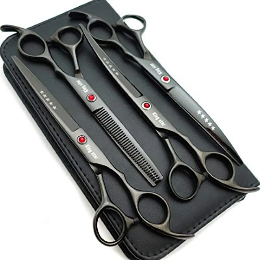 

7.0in Titanium Professional dog Grooming Scissors set, Straight and Thinning and Curved scissors 4pcs set for Dog grooming Brig