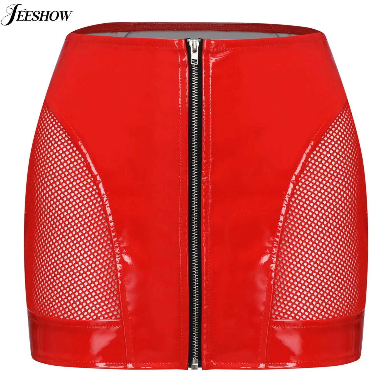 

Womens PU Leather Front Zipper Mini Skirt Side Sheer Mesh Patchwork High Waist Bodycon Micro Skirt Wet Look Club Party Miniskirt